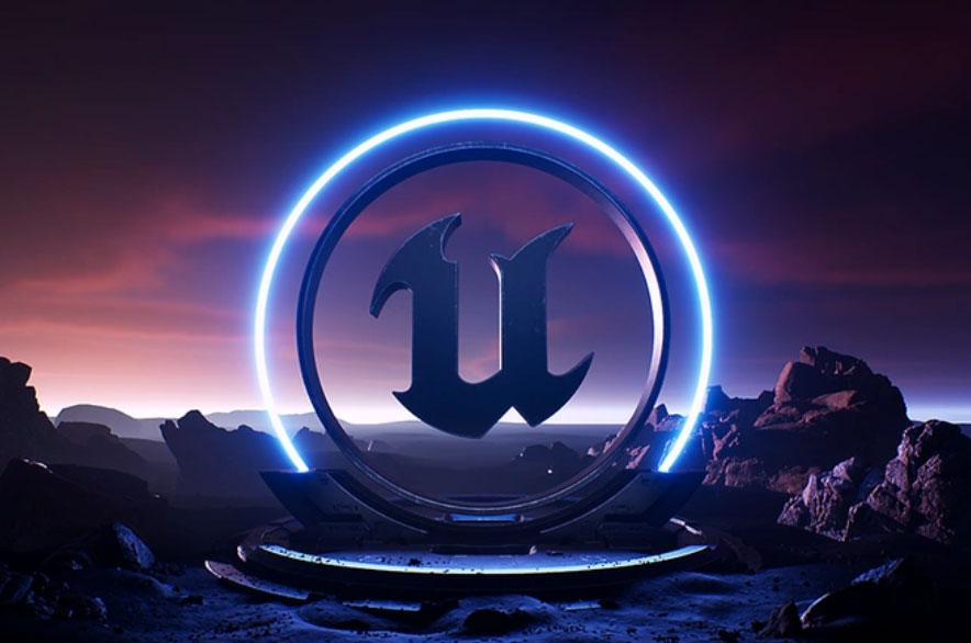 Unreal Engine logo in a glowing blue ring on a rocky night landscape, for the ADAF 2024 Dive into Unreal Engine 5 workshop