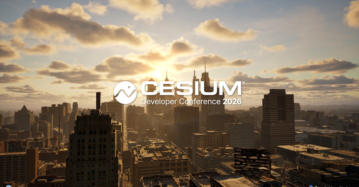Cesium Developer Conference 2026 logo over a 3D city skyline at sunset