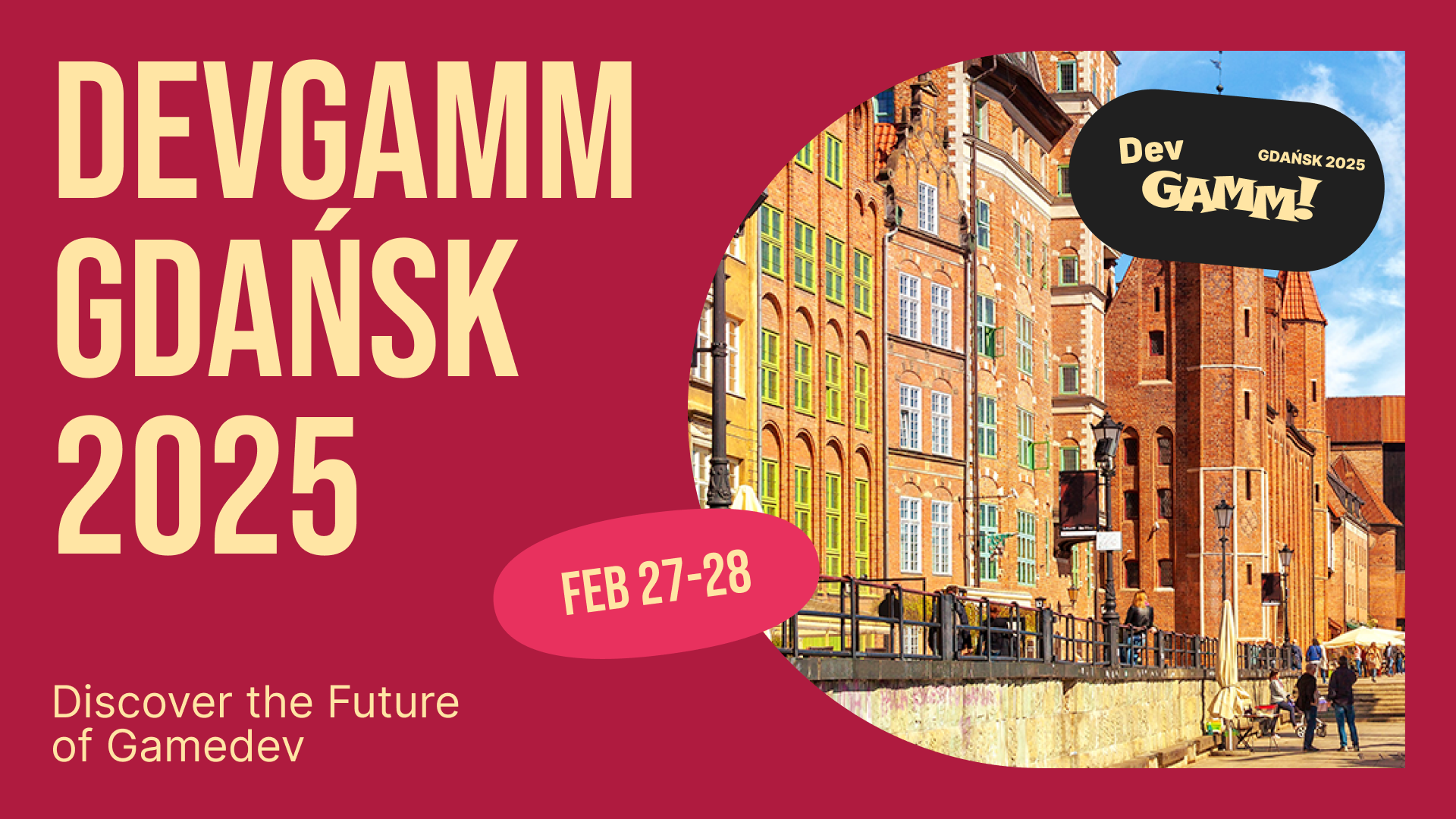DevGAMM Gdańsk 2025 poster, 27-28 February, with historic brick buildings on the Gdańsk waterfront