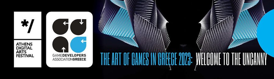 Banner for The Art of Games in Greece 2023: Welcome to the Uncanny, with ADAF and Game Developers Association Greece logos