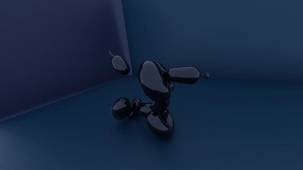 3D render of a glossy dark-blue balloon dog sculpture in a dim blue room