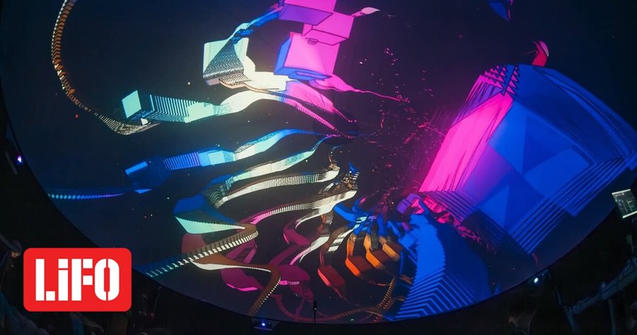 Colourful abstract 3D projection filling an immersive dome ceiling, with the LiFO logo
