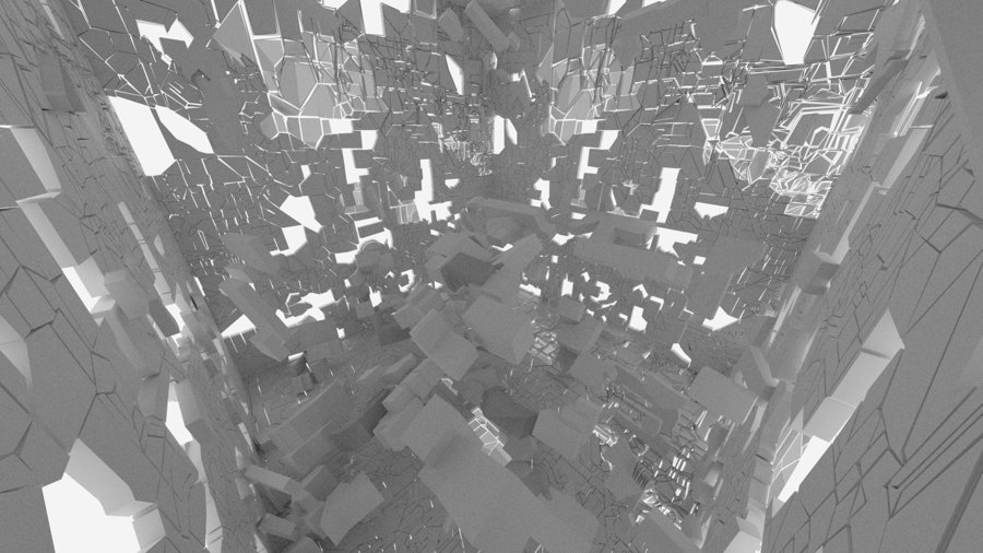 Greyscale 3D render of a fractured, fragmented architectural space filled with floating geometric blocks