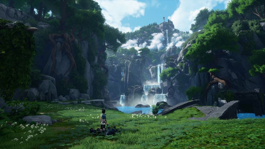 Unreal Engine game scene: a small character in a lush jungle valley facing waterfalls