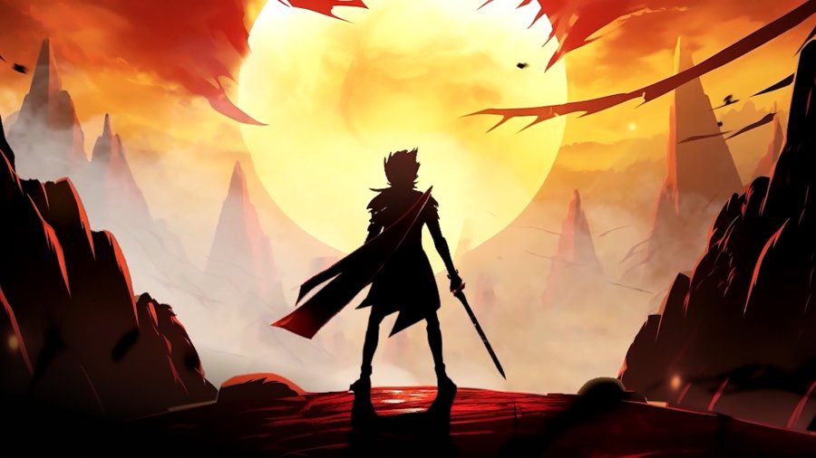 Illustrated game art of a silhouetted warrior with a sword facing a huge sun over jagged red mountains