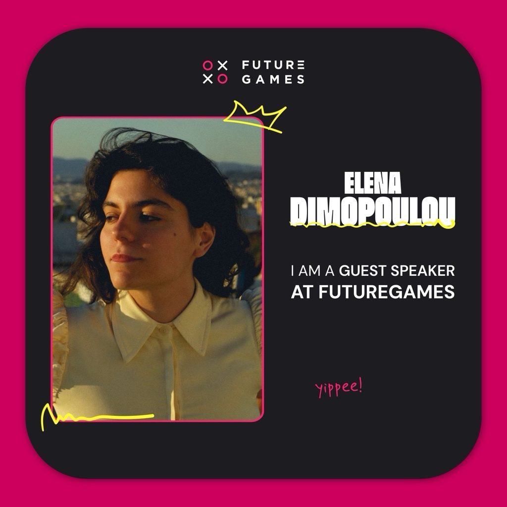 FutureGames guest speaker badge featuring a portrait of Elena Dimopoulou