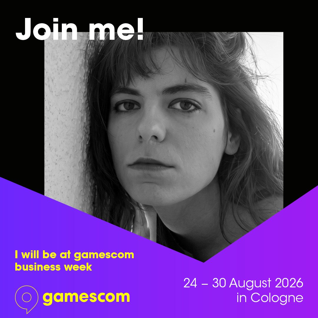 Black-and-white portrait of Elena Dimopoulou on a 'Join me!' graphic for gamescom business week 2026 in Cologne