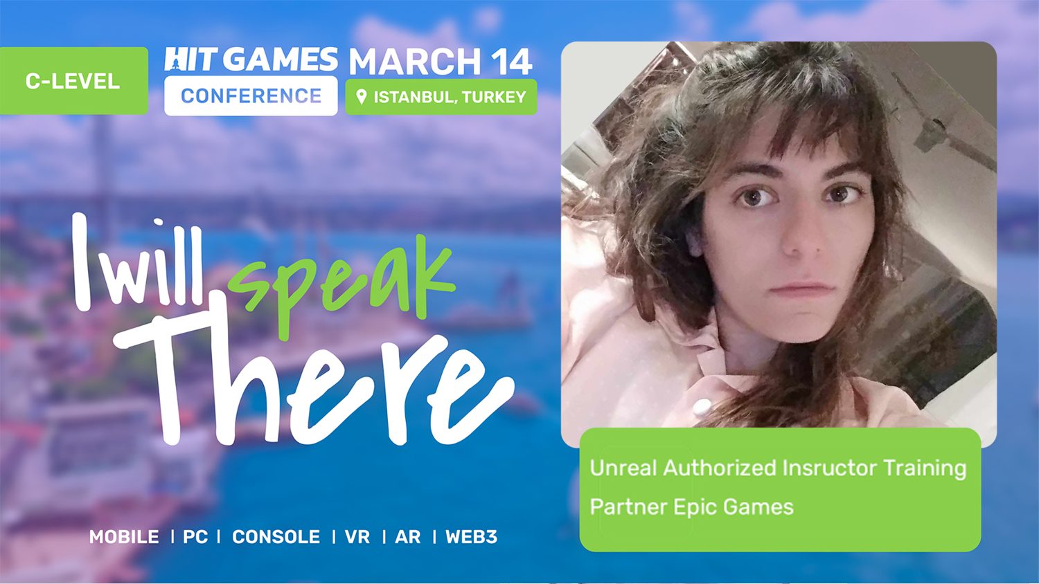 Speaker badge for HIT Games Conference in Istanbul, 14 March, featuring a photo of Elena Dimopoulou