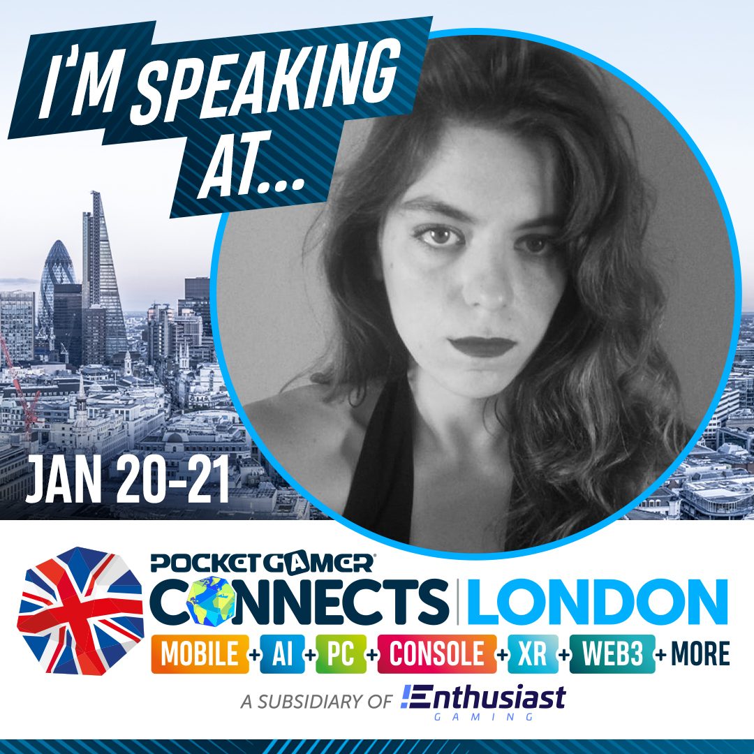 Pocket Gamer Connects London speaker badge, Jan 20-21, with a black-and-white headshot of Elena Dimopoulou