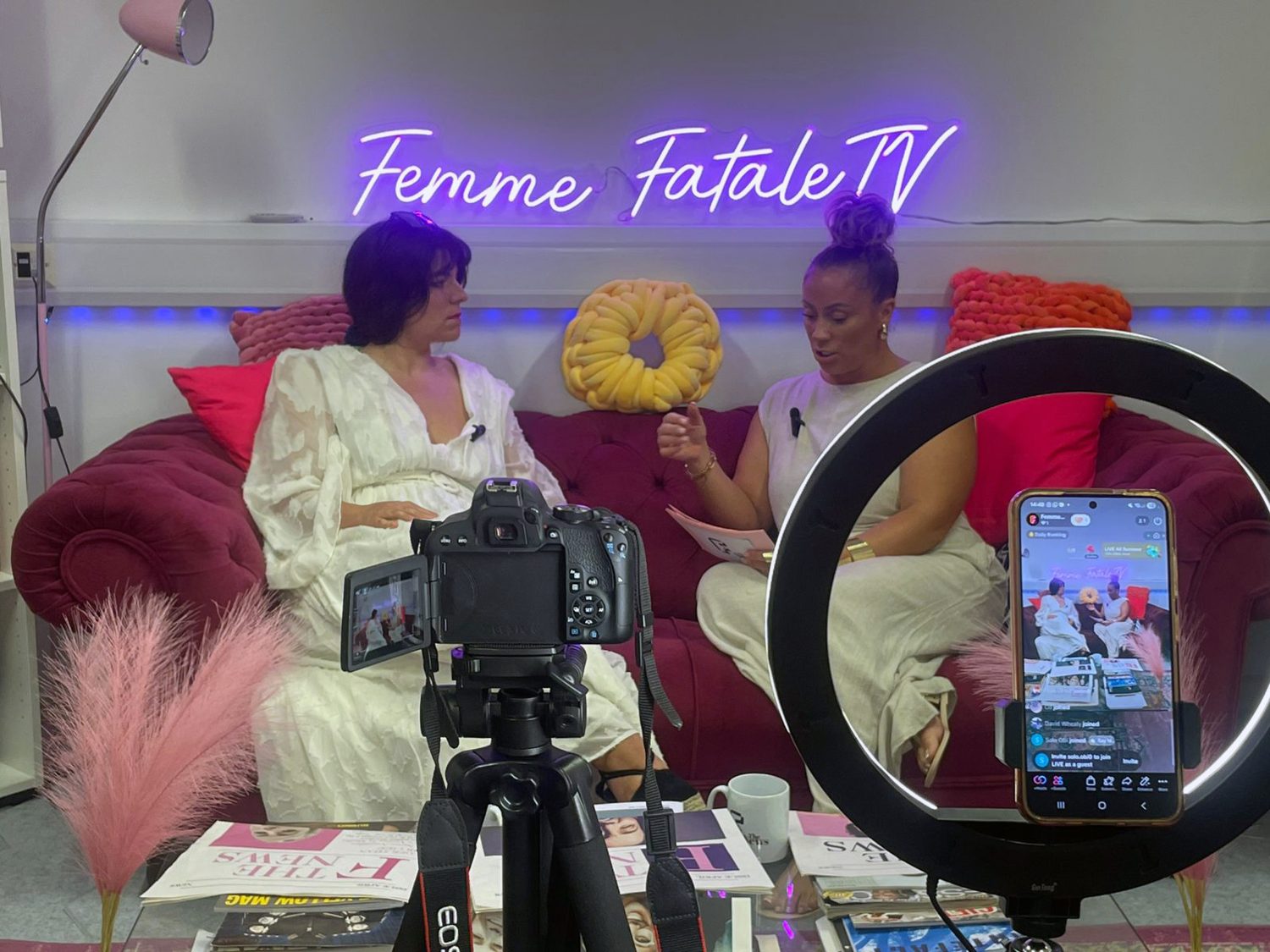 Elena Dimopoulou (left) in conversation with the host during a Femme Fatale TV interview, streamed live from the studio